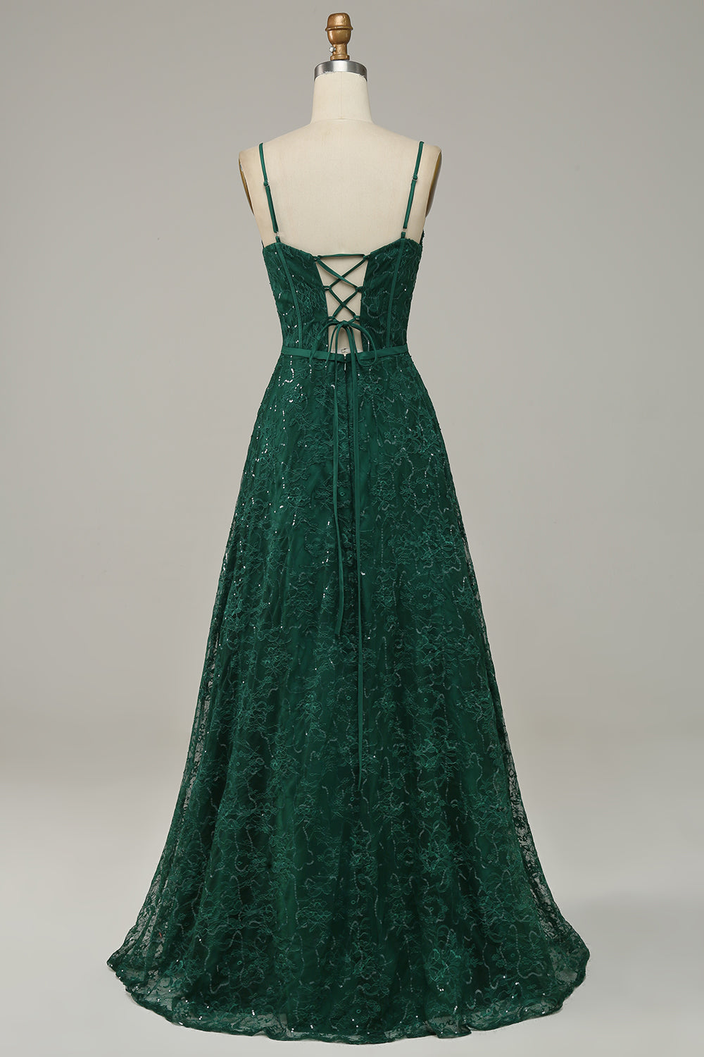Luolandi Dark Green Lace Spaghetti Straps Corset Prom Dress Sparkly Evening Dress